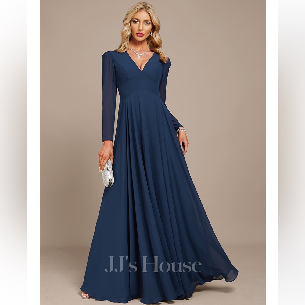 NEW JJ’s House Navy A-Line V- Neck Floor Length Chiffon Evening Gown/Dress, 8